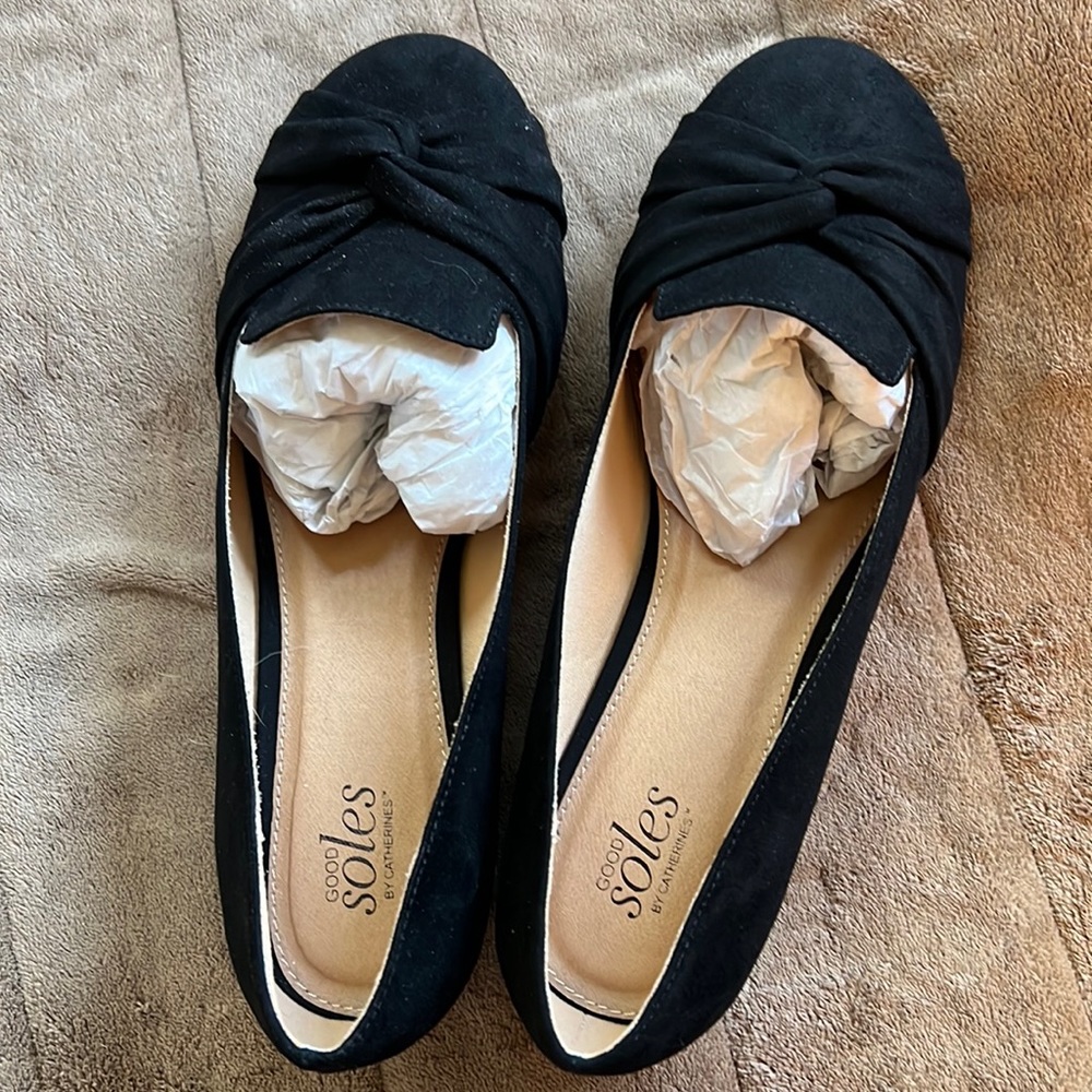 Brand New Catherine’s Good Soles Black Suede Flats- Wide